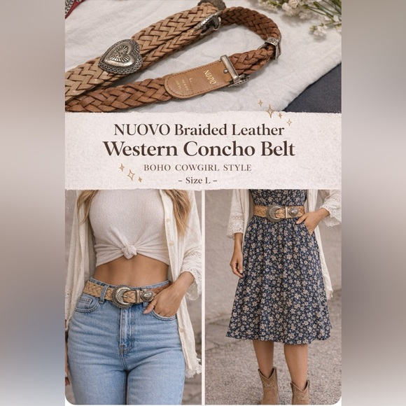 Nuovo Accessories - NUOVO Braided Leather Western Concho Belt – Boho Cowgirl Style – Size L Tan
